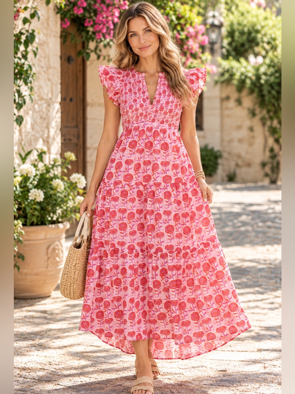 Saylor Almina Pink Floral Smocked Maxi Dress XS 100% Cotton